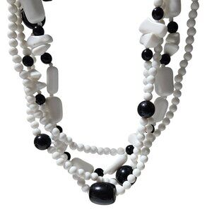 Vintage Elegant Black White Beaded Multi Strand Necklace Retro Fashion Jewelry